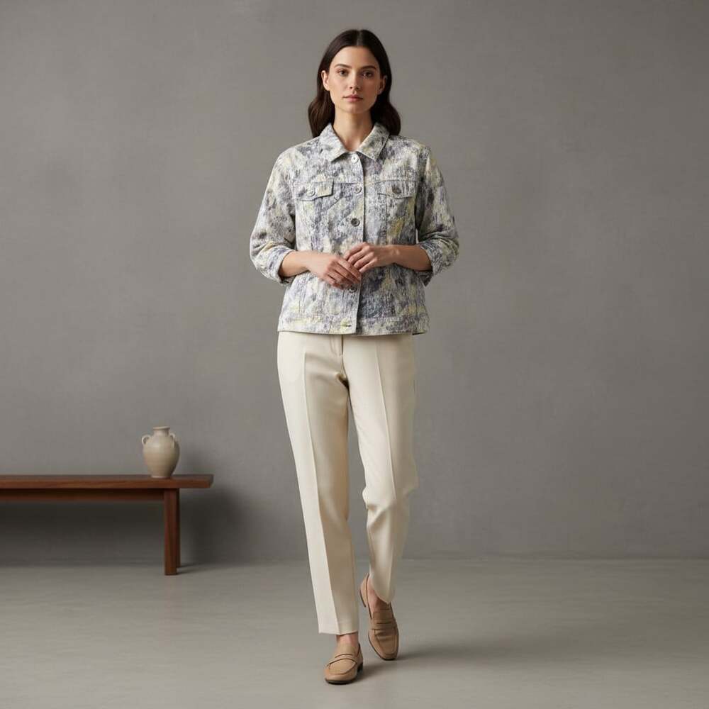Chico's Abstract Print Linen Cotton Jacket Size 2 Large 3/4 Sleeve Boho Artsy